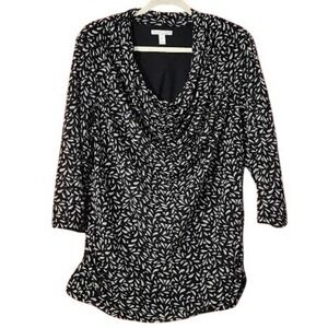 Dana Buchman Womens Blouse Black White Abstract Leaf Cowl Neck 3/4 Sleeve XL